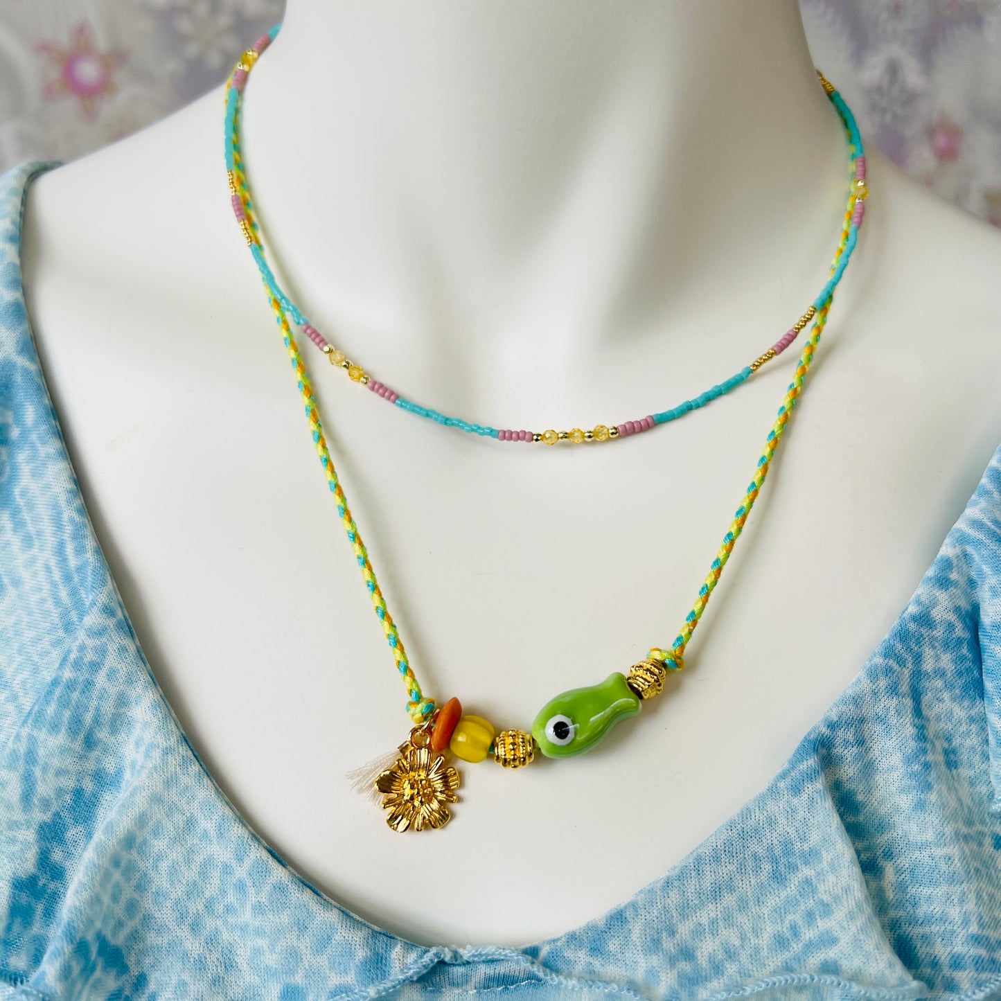 Colorful necklace with ceramic fish