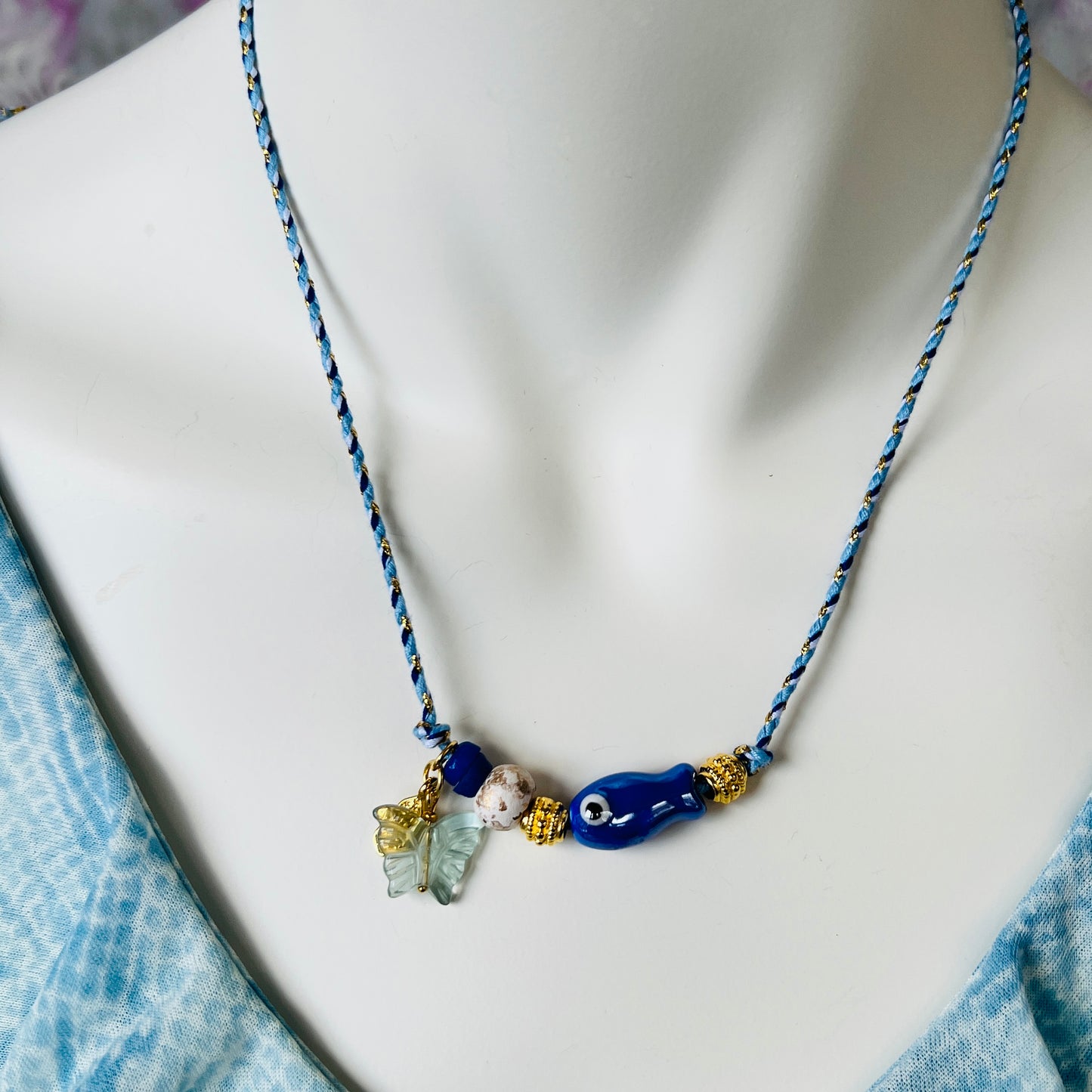 Colorful necklace with ceramic fish
