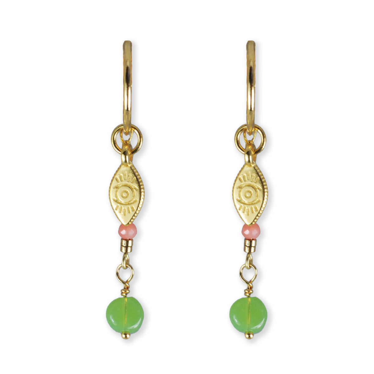 Nona Gold plated earrings with summer charms and pendants, dark green