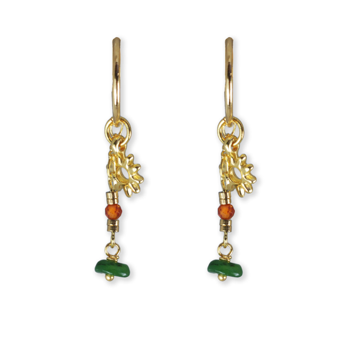 Nona Gold plated earrings with summer charms and pendants, dark green