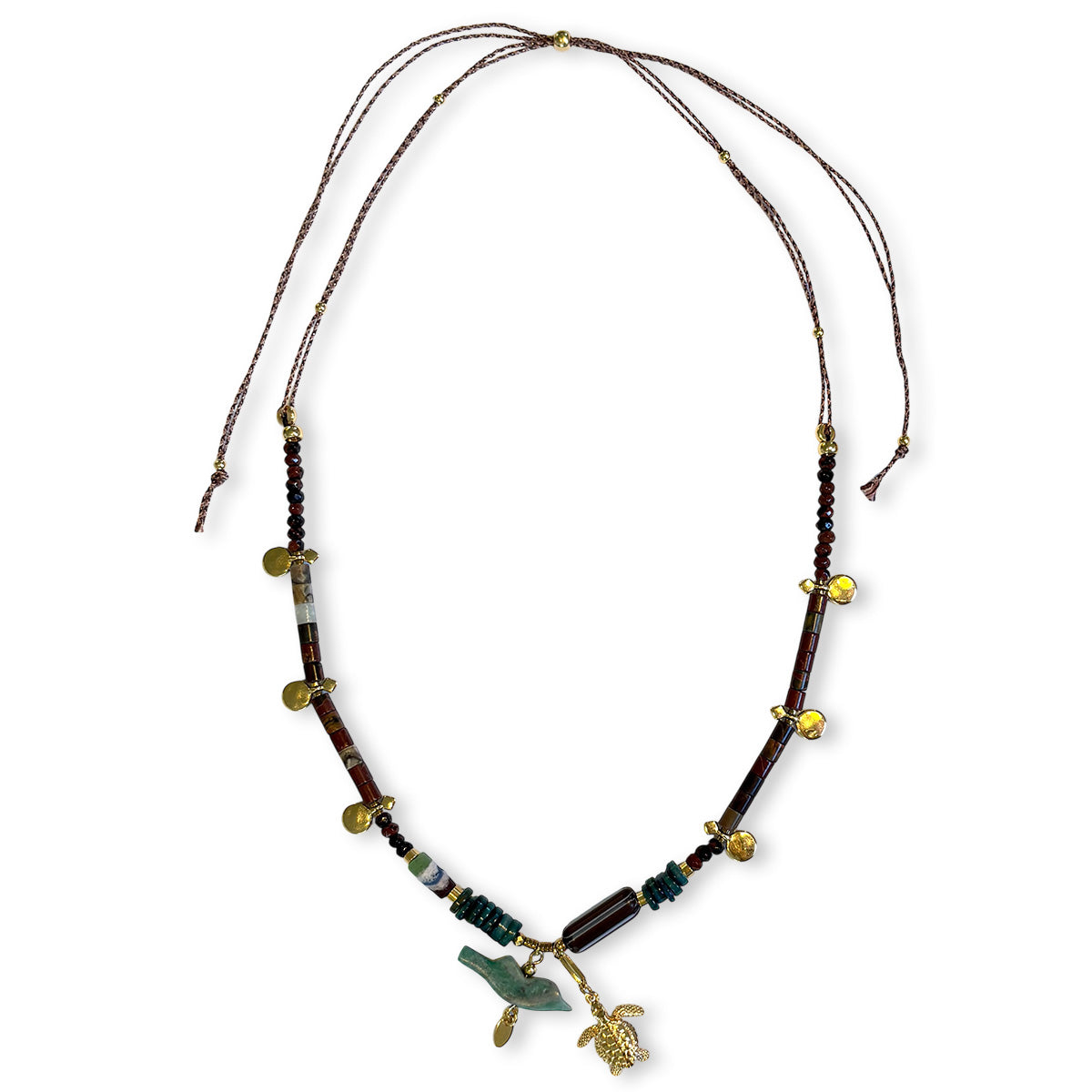 Nona necklace with semi-precious stones and small charms fuchsia/blue