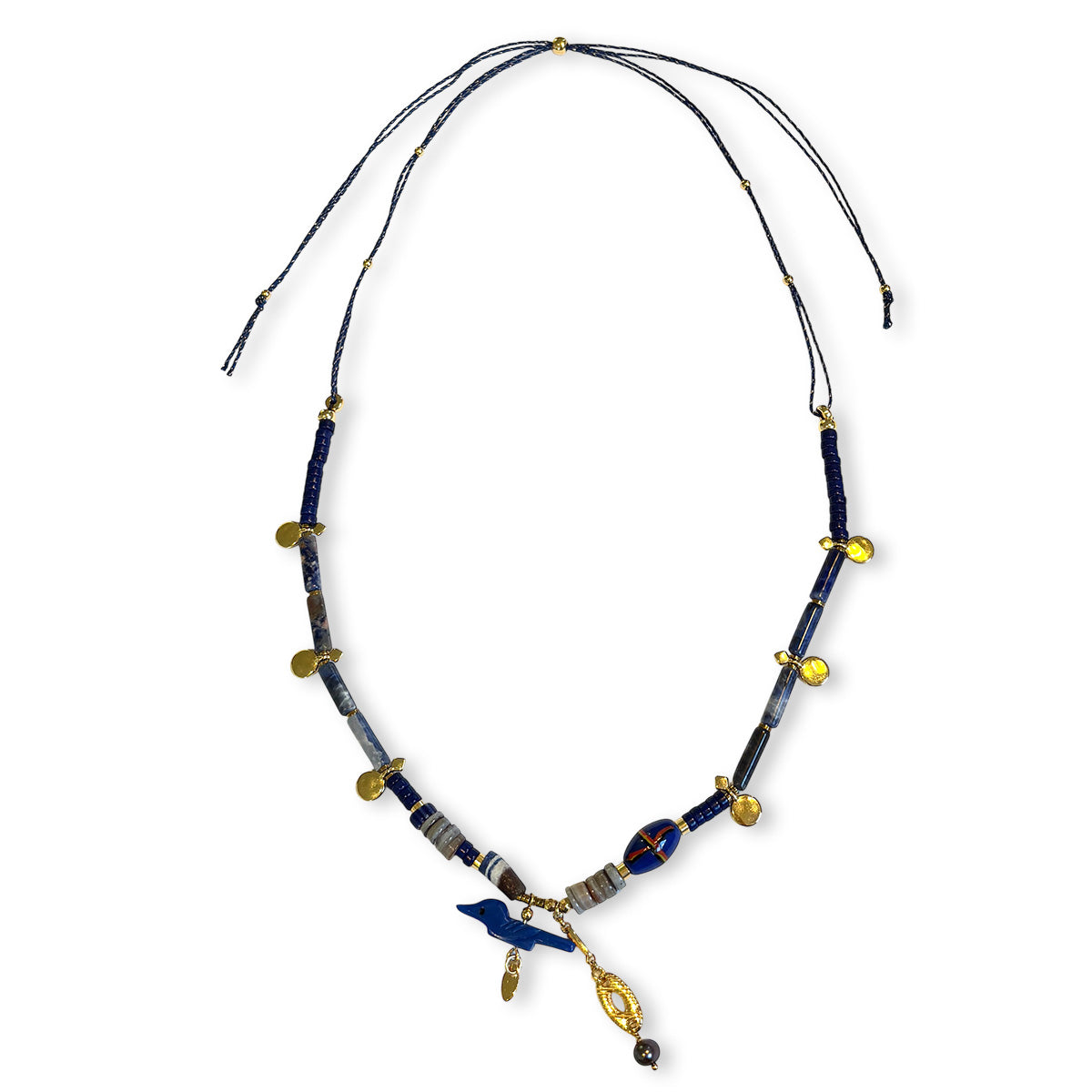 Nona necklace with semi-precious stones and small charms fuchsia/blue