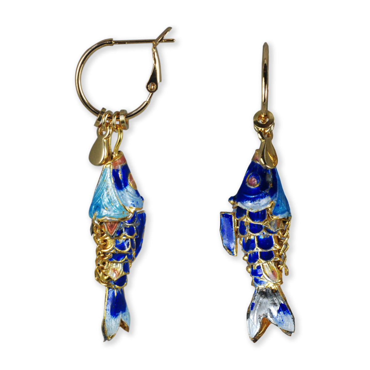 Reina Earrings with enameled fish blue