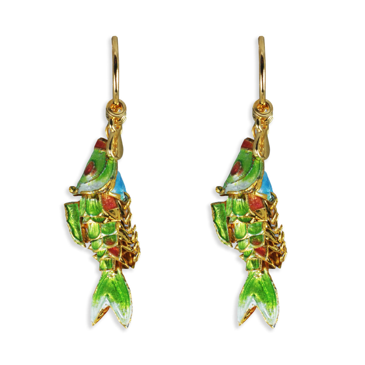 Reina Earrings with enameled fish blue