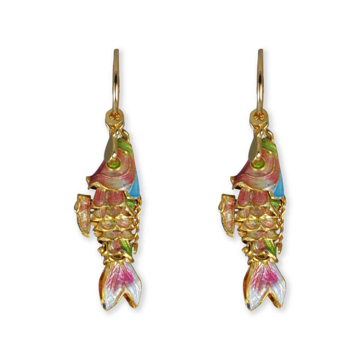 Reina Earrings with enameled fish blue