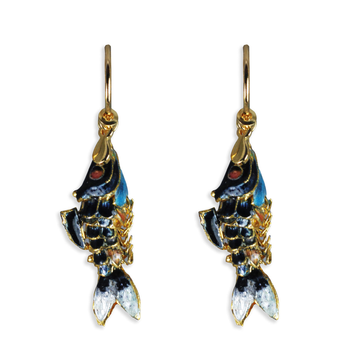 Reina Earrings with enameled fish blue