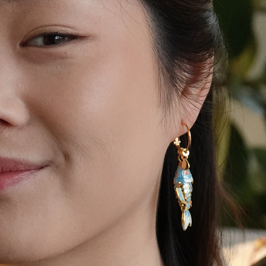 Reina Earrings with enameled fish blue