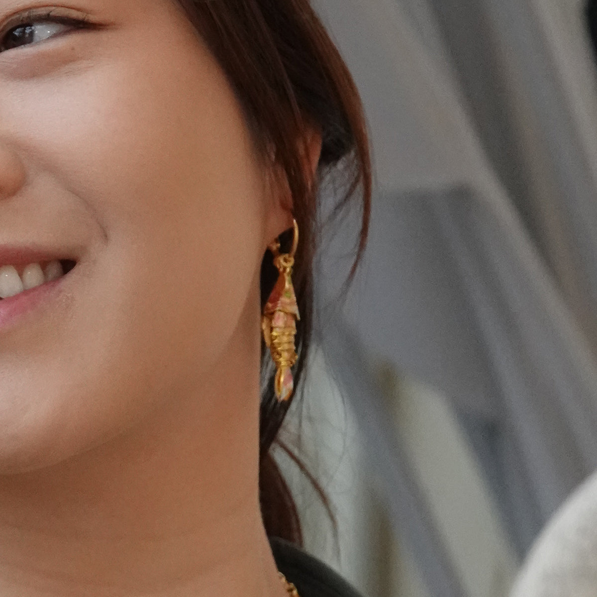 Reina Earrings with enameled fish blue