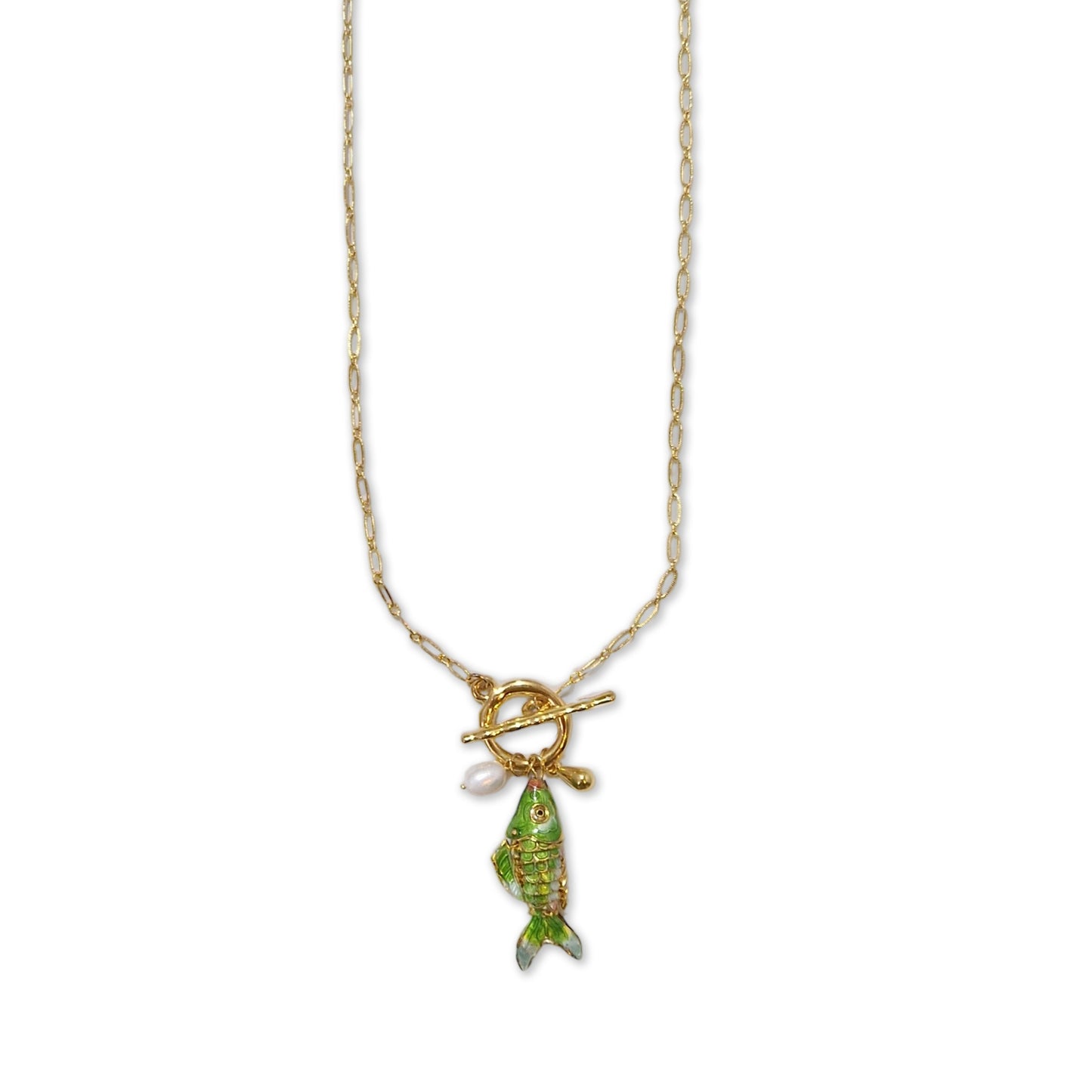 Reina necklace with enamelled fish and pearl light blue