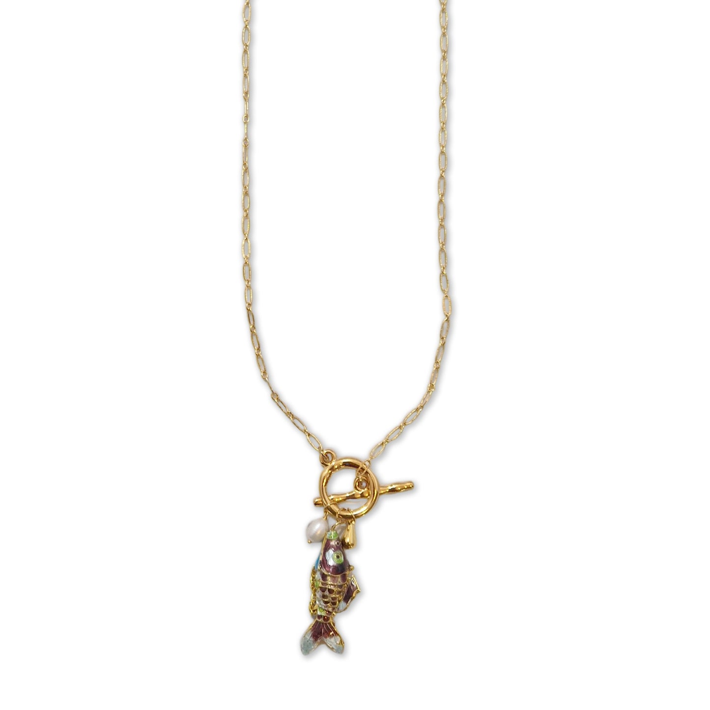 Reina necklace with enamelled fish and pearl light blue