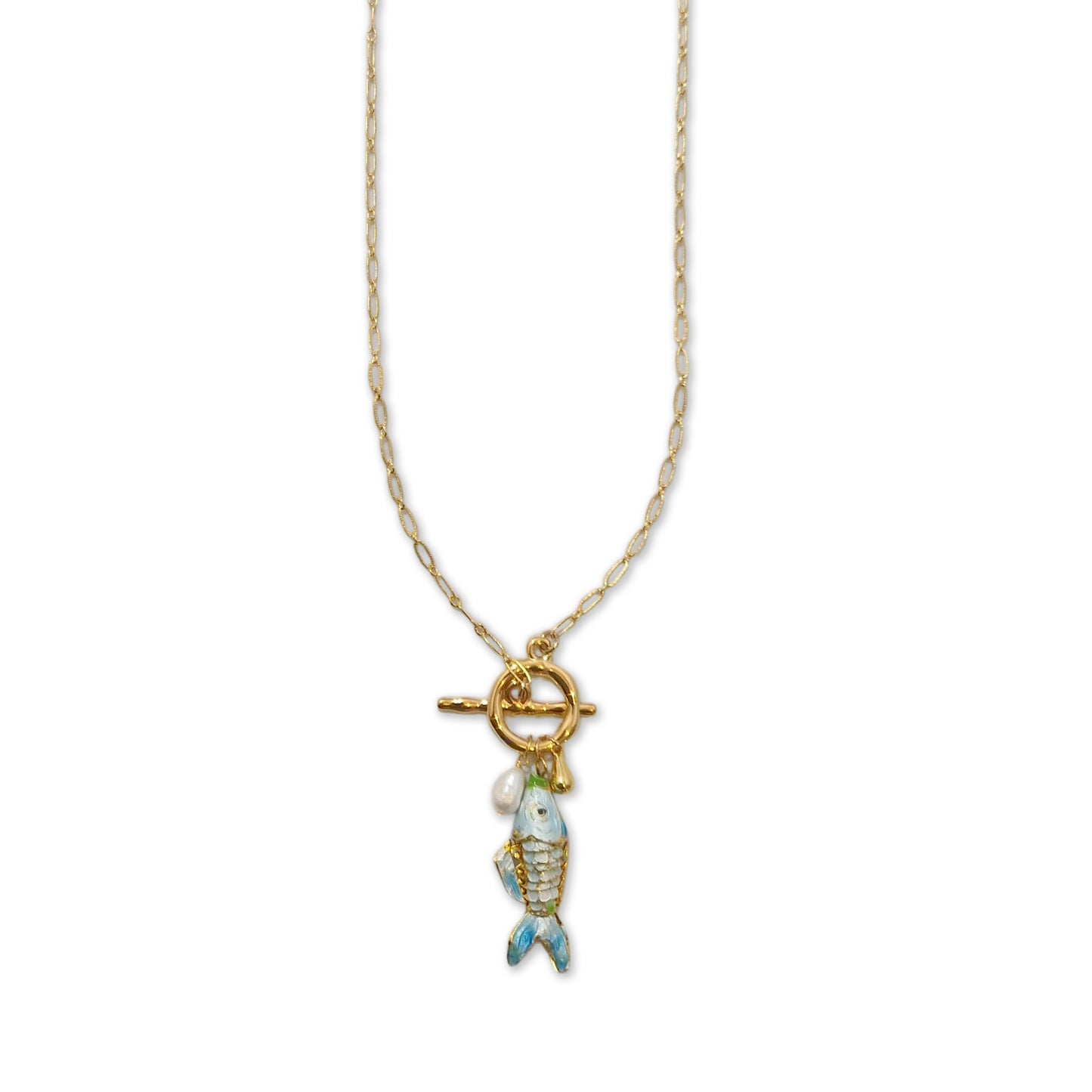 Reina necklace with enamelled fish and pearl light blue
