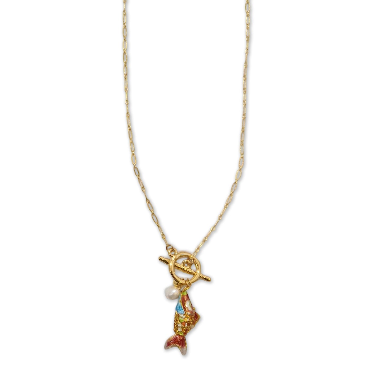 Reina necklace with enamelled fish and pearl light blue