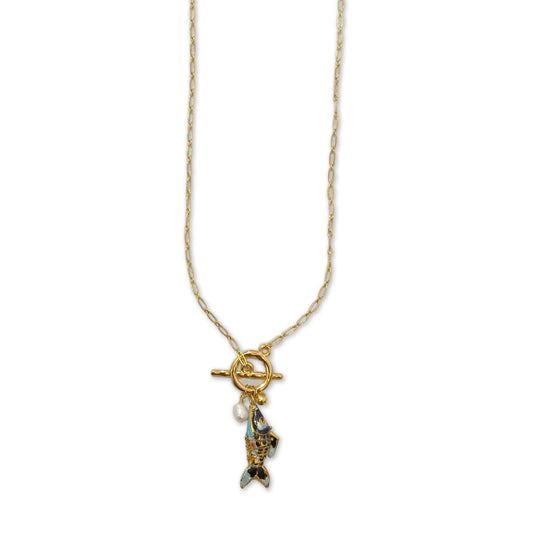Reina necklace with enamelled fish and pearl light blue